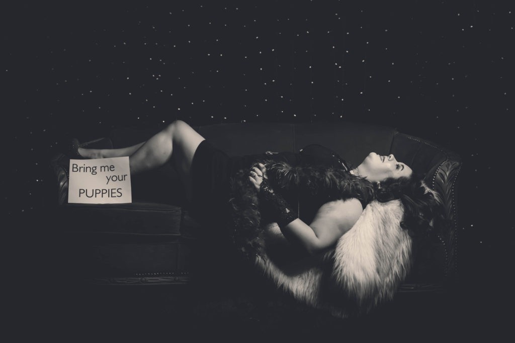 Black and white image of a woman laying on a couch wearing a dark dress and feather boa with a sign that says "bring me your puppies".