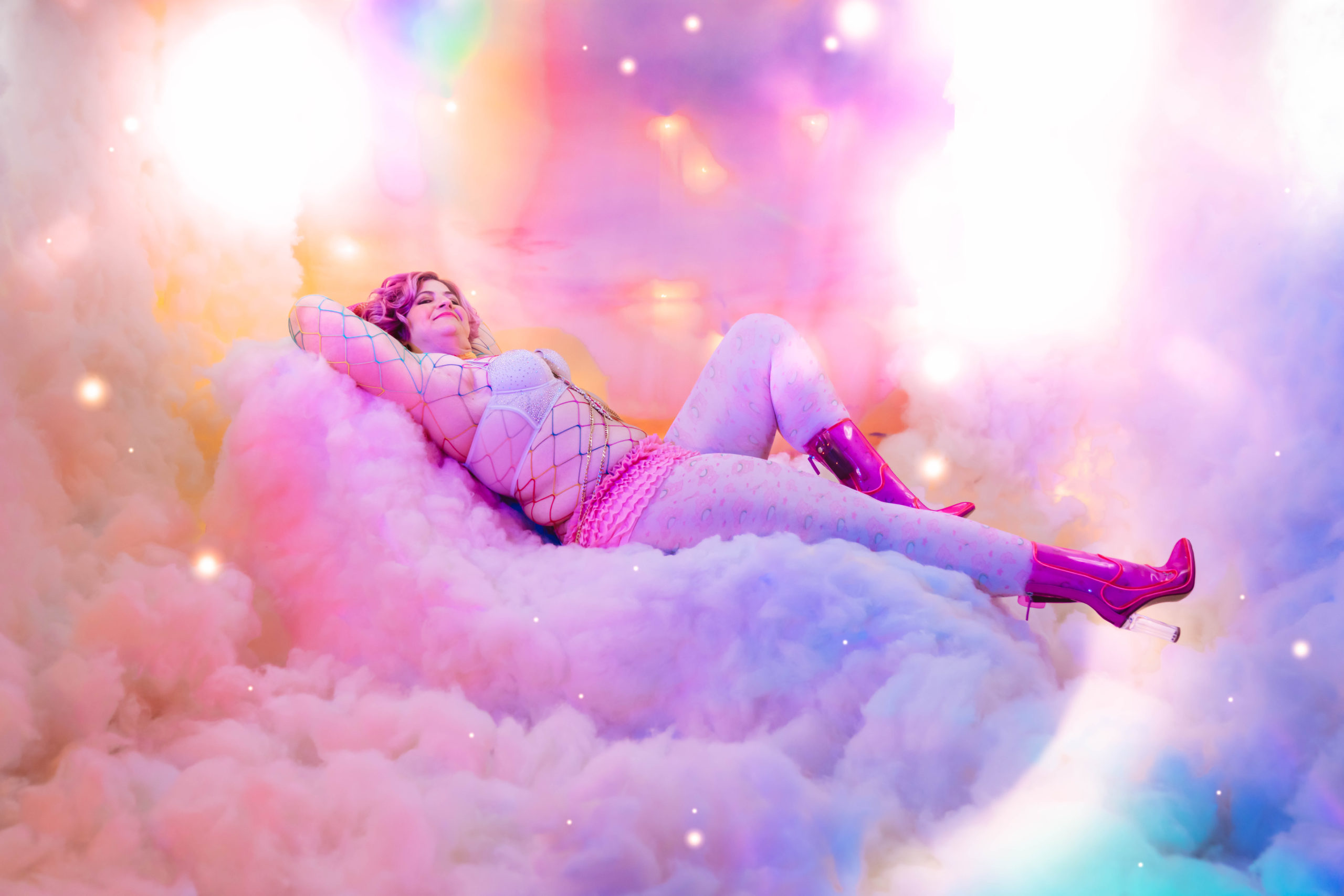 Sweet Dream Cloud Heaven Dreamy Aesthetic Boudoir Twinkly Lights Sparkle Glam Boudoir Glamour Sexy 80s Technicolor Rainbow Napping Happy Woman