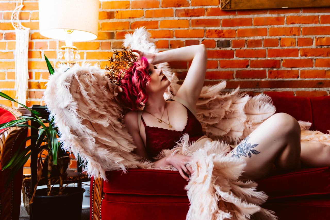Fall Fall-ing for herself body positive boudoir Seattle Snohomish Witchy Fall Fantasy Crown Wings