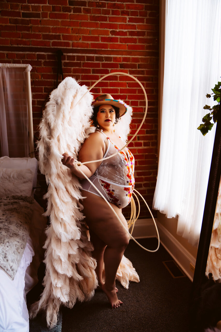 Angel wings and hoops boudoir portrait Washington