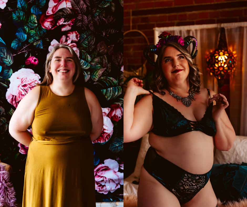 Example showing before and after boudoir session with Jezebel Von Zephyr