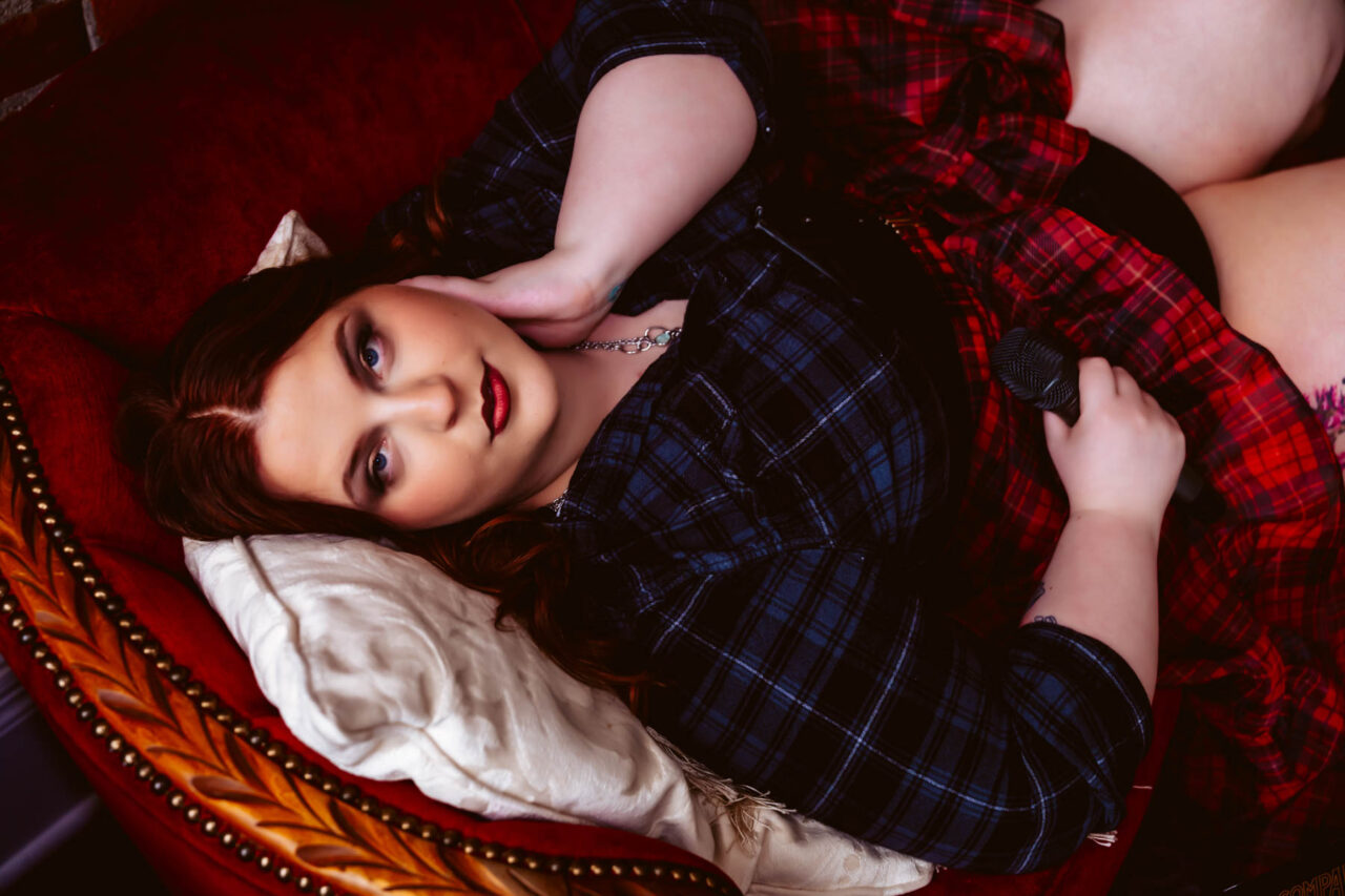 Charming boudoir session with plaid on plaid outfit