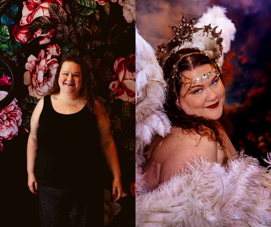 Example showing before and after boudoir session with Jezebel Von Zephyr